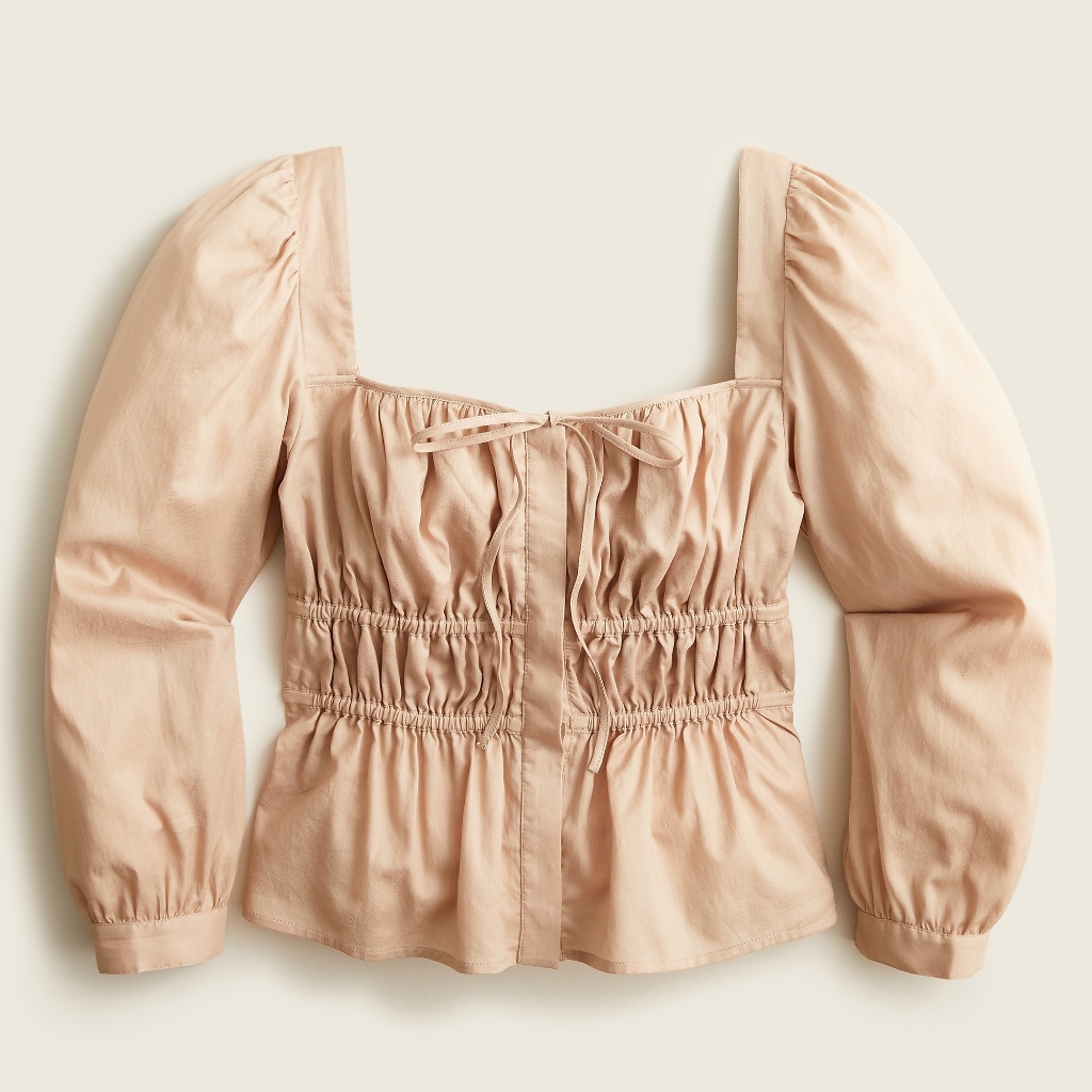New! J. Crew Sz 4 Cinched-Waist Top In Almond Cream Herringbone Cotton Nwt